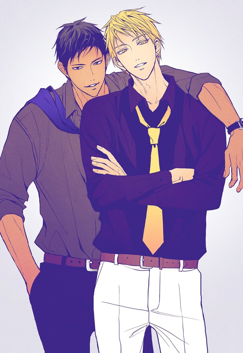 2boys a_jou aomine_daiki arm_around_shoulder belt belt_buckle black_hair black_pants black_shirt blonde_hair blue_necktie brown_belt buckle collared_shirt commentary_request crossed_arms dark-skinned_male dark_skin earrings hand_in_pocket highres jewelry kise_ryouta kuroko_no_basuke looking_to_the_side male_focus multiple_boys necktie necktie_over_shoulder open_collar pants parted_lips piercing shirt shirt_tucked_in short_hair sideways_glance simple_background sleeve_cuffs sleeves_rolled_up smile standing teeth watch white_background white_pants wing_collar wristwatch yellow_eyes yellow_necktie