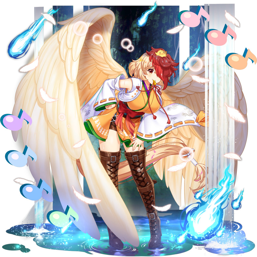 1girl alternate_costume blonde_hair boots breasts detached_sleeves feathered_wings hair_over_one_eye high_heel_boots high_heels highres japanese_clothes kimono looking_at_viewer multicolored_hair niwatari_kutaka official_art oversized_wings red_eyes rotte_(1109) smile solo tachi-e tagme third-party_source touhou touhou_lostword two-tone_hair wide_sleeves wings yellow_kimono