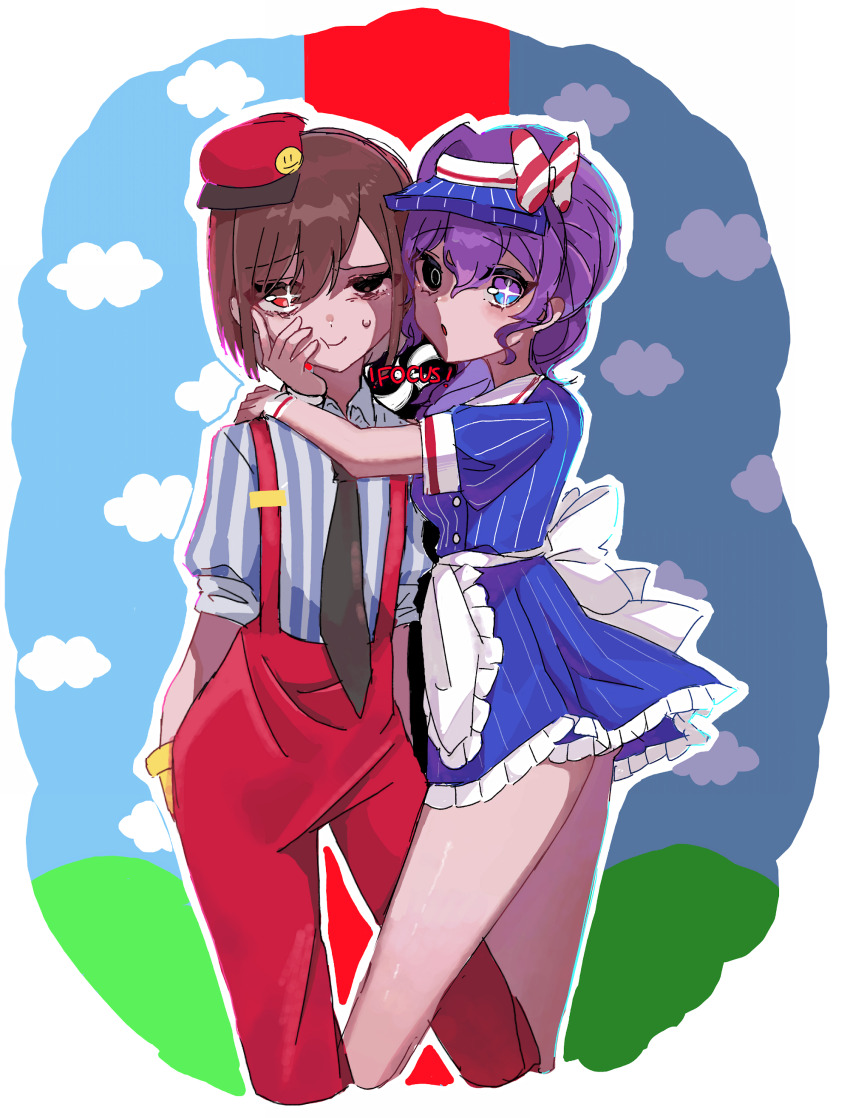 2girls absurdres apron asahina_mafuyu back_bow bags_under_eyes bow brown_hair cheek_squash cloud cosplay dress frilled_apron frilled_dress frills gloves hand_on_another&#039;s_face hand_on_another&#039;s_shoulder hat hatsune_miku hatsune_miku_(cosplay) highres kasane_teto kasane_teto_(cosplay) leg_between_thighs looking_at_viewer mesmerizer_(vocaloid) miniskirt multiple_girls necktie nu_(na_ndaisuki) pants parted_bangs ponytail project_sekai puffy_short_sleeves puffy_sleeves red_pants shinonome_ena shirt short_hair short_sleeves skirt sparkling_eyes striped_clothes striped_dress striped_shirt suspender_pants sweatdrop vertical-striped_clothes vertical-striped_dress vertical-striped_shirt waist_apron wavy_hair white_apron wrist_cuffs yellow_gloves yuri