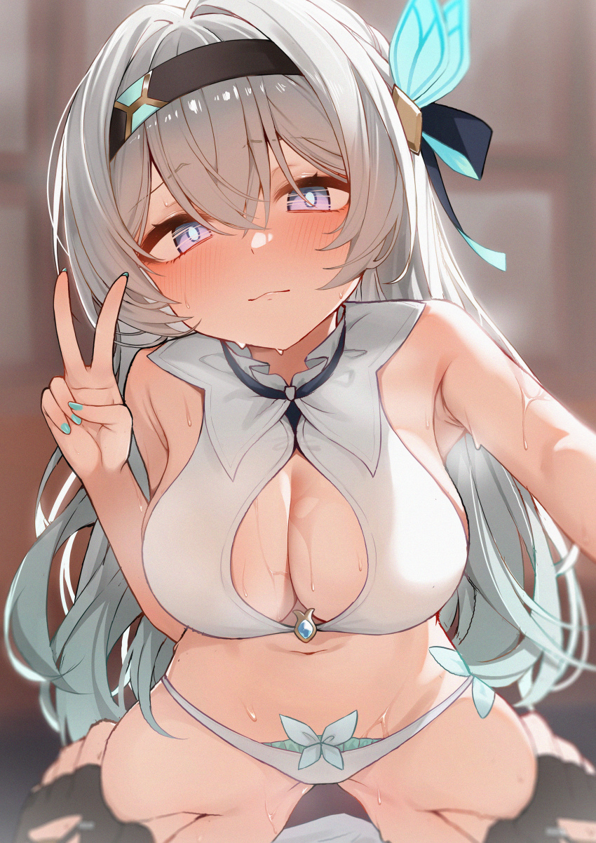 1boy 1girl absurdres armpit_crease armpits black_gloves black_hairband blue_pupils blurry blurry_background blush breasts caelus_(honkai:_star_rail) cleavage_cutout closed_mouth clothing_cutout cowboy_shot fingerless_gloves firefly_(honkai:_star_rail) gloves grabbing_another&#039;s_thighs green_nails hairband heavy_breathing hetero highres honkai:_star_rail honkai_(series) large_breasts long_hair looking_at_viewer nail_polish navel panties purple_eyes shirt solo_focus stomach sweat trailblazer_(honkai:_star_rail) underwear v wendao white_panties white_shirt