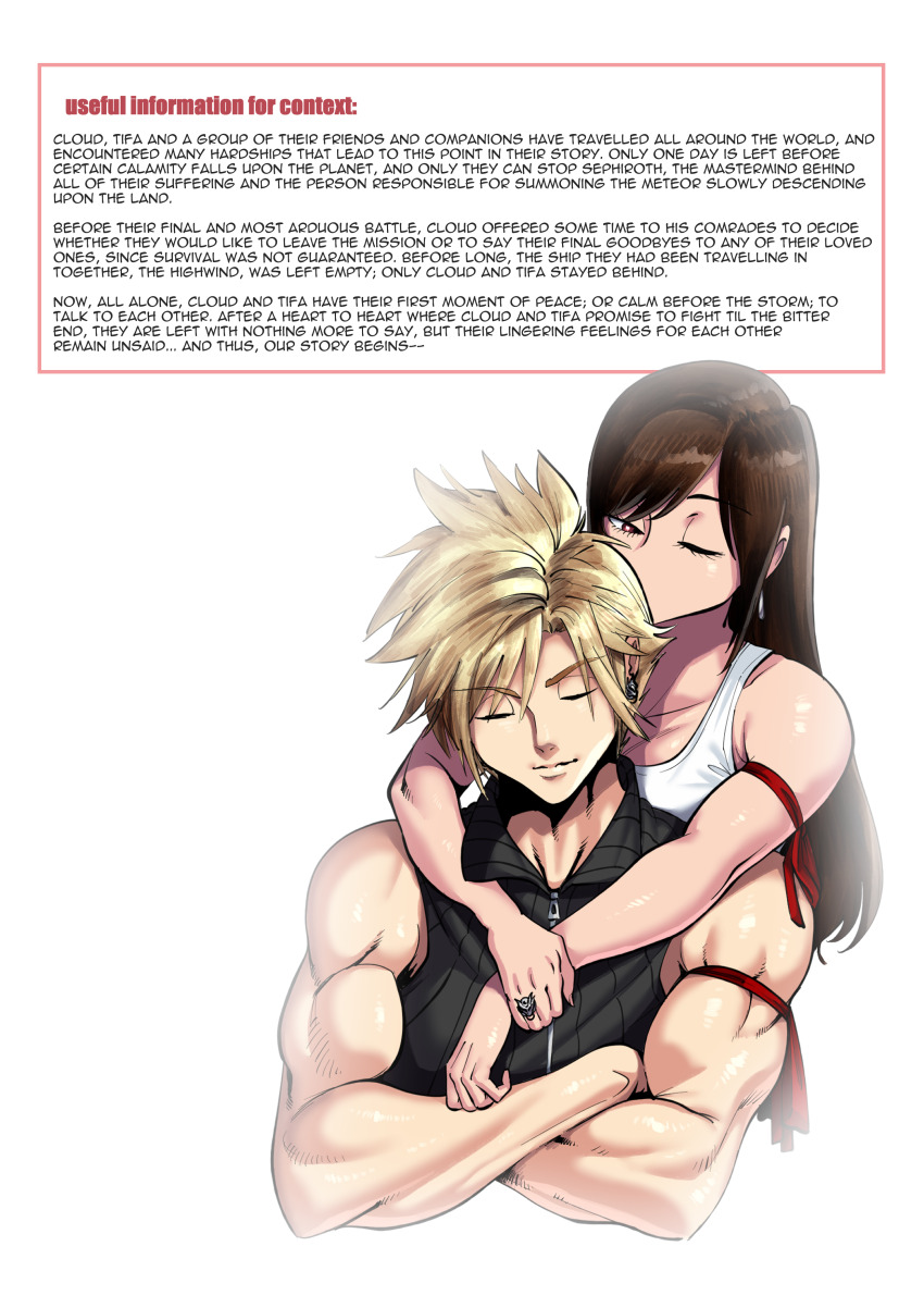 1boy 1girl aarokira absurdres bandana bandana_around_arm blonde_hair brown_hair closed_eyes cloud_strife couple english_text final_fantasy final_fantasy_vii hetero highres hug hug_from_behind jewelry muscular muscular_male non-web_source one_eye_closed red_bandana ring shirt tifa_lockhart wedding_ring white_background white_shirt zipper