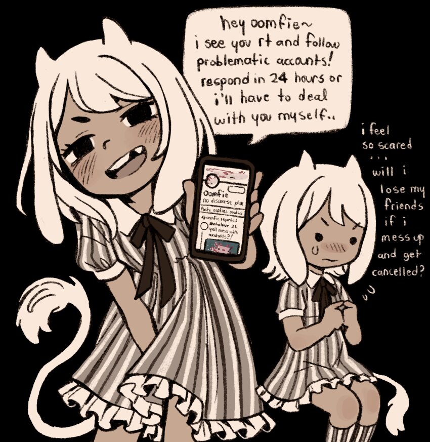 1girl :d axolotl_(minecraft) between_legs black_background black_dress black_ribbon black_socks blush cellphone collared_dress cowboy_shot dark_skin dress feet_out_of_frame fidgeting frilled_dress frills grey_dress grey_socks hand_between_legs highres hikimayu holding holding_phone horns index_fingers_together knee_blush kneehighs leaning_forward looking_at_viewer medium_hair missing_tooth multicolored_dress multicolored_socks multiple_views muted_color neck_ribbon nervous no_nose nose_blush open_mouth original phone puffy_short_sleeves puffy_sleeves ribbon short_dress short_sleeves simple_background sitting smile smug snugglepuff28 socks solid_circle_eyes solid_circle_pupils speech_bubble standing striped_clothes striped_dress striped_socks sweatdrop tail twitter v-shaped_eyebrows vertical-striped_clothes vertical-striped_dress vertical-striped_socks white_dress white_hair white_horns white_socks white_tail worried