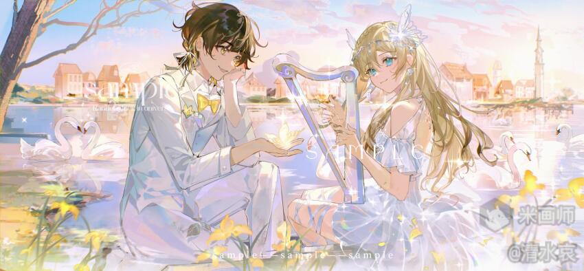 1boy 1girl bare_shoulders bird black_hair blonde_hair blue_eyes bow bowtie brown_hair dress earrings flower formal_clothes hair_ornament harp highres instrument jacket jewelry long_hair looking_at_viewer original outdoors pants qingshui_ai shirt short_hair sitting sky smile suit tree vest white_dress white_jacket white_pants yellow_eyes