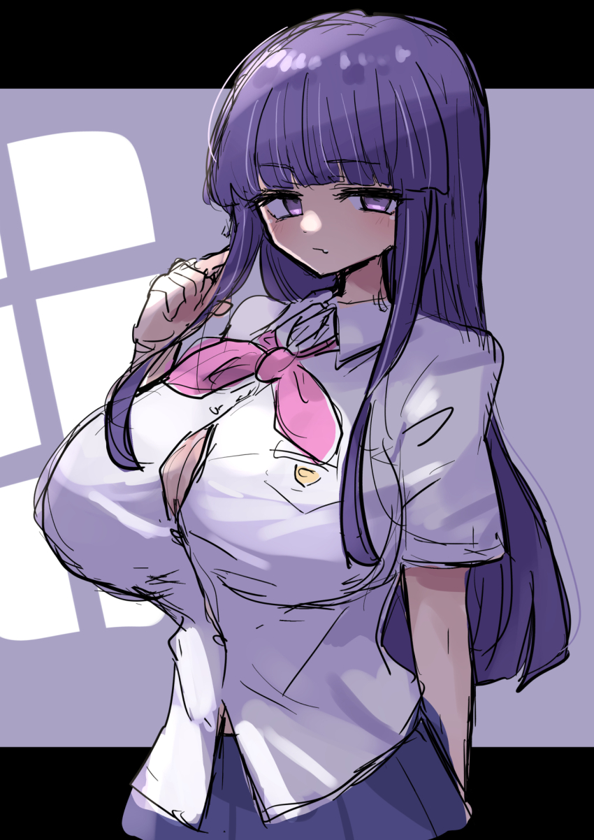 1girl blue_hair blunt_bangs bow bowtie breasts closed_mouth cowboy_shot fang frederica_bernkastel highres large_breasts light_blush long28 looking_at_viewer pink_bow pink_bowtie purple_eyes shirt short_sleeves sidelocks skin_fang skirt solo umineko_no_naku_koro_ni white_shirt