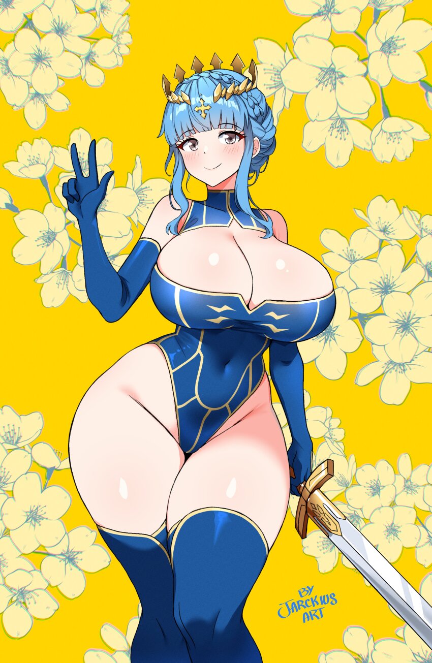 1girl absurdres alternate_breast_size alternate_costume artoria_pendragon_(fate) artoria_pendragon_(lancer)_(fate) artoria_pendragon_(lancer)_(fate)_(cosplay) blue_gloves blue_hair blue_leotard blue_thighhighs blush braid braided_bun breasts brown_eyes cleavage closed_mouth cosplay covered_navel duplicate elbow_gloves excalibur_(fate/stay_night) eyebrows_hidden_by_hair fate/grand_order fate_(series) fire_emblem fire_emblem:_three_houses floral_background flower gloves hair_bun heattech_leotard highres holding holding_sword holding_weapon huge_breasts jarckius leotard looking_at_viewer marianne_von_edmund nintendo sleeveless sleeveless_turtleneck sleeveless_turtleneck_leotard smile solo standing sword thighhighs tiara turtleneck v weapon white_flower wide_hips yellow_background