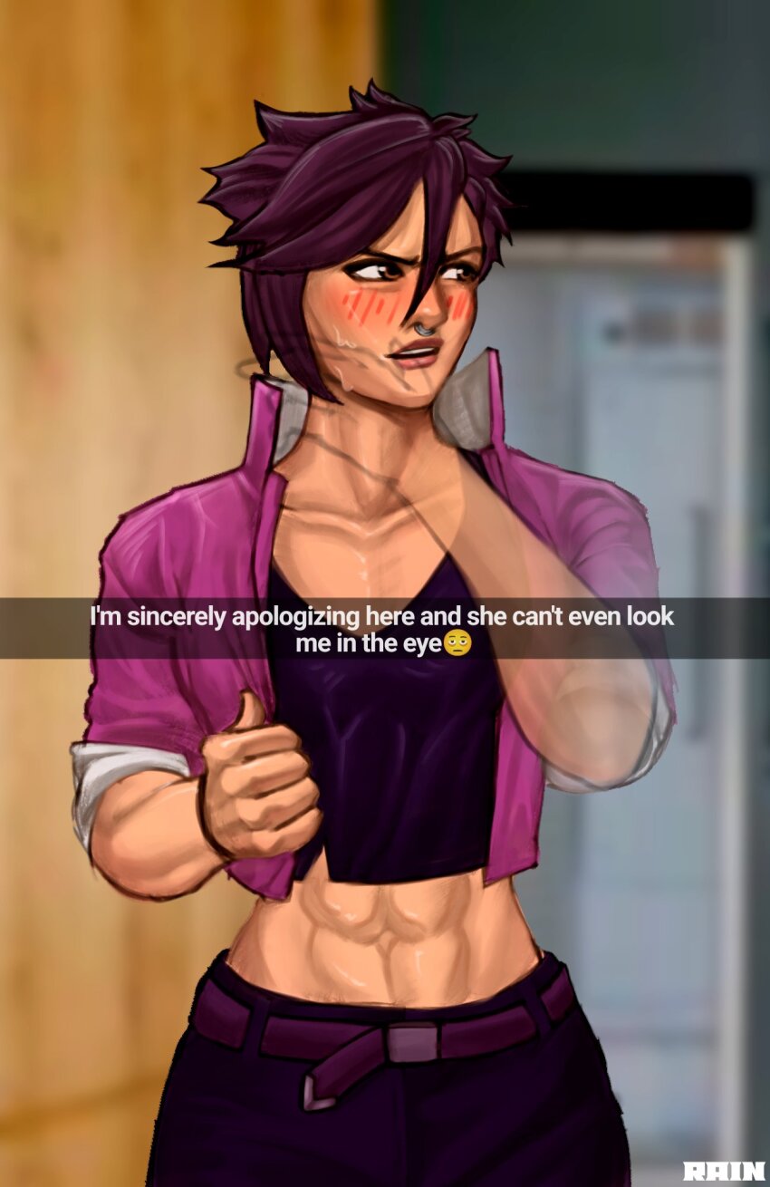 abs bare_hips belt brown_eyes dispatch emoji english_text face_piercing highres invisigal jacket kitchen looking_to_the_side nose_piercing photo_background piercing purple_hair purple_jacket raijin_(raijin_san3) robert_robertson shy snapchat toned wristband