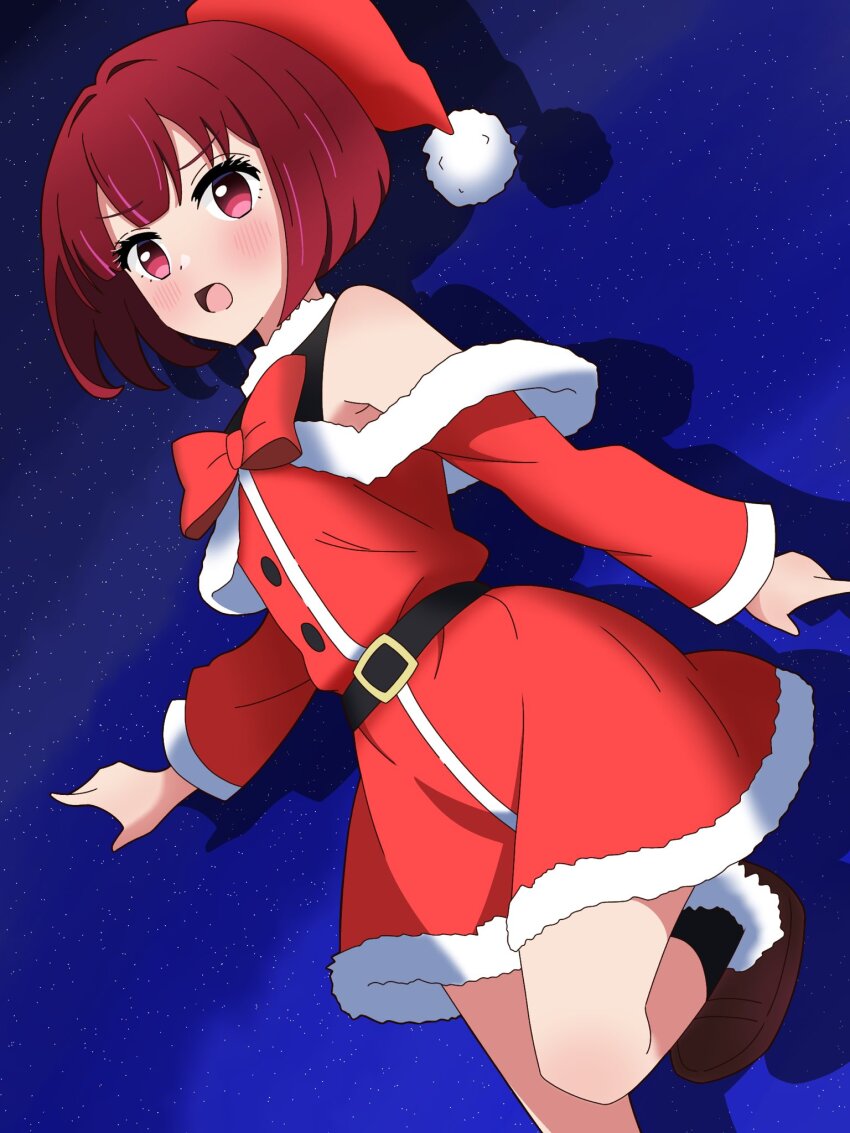1girl arima_kana blue_background blush bob_cut bokutaaaa bow bowtie christmas dress hat highres inverted_bob looking_at_viewer open_mouth oshi_no_ko red_bow red_bowtie red_eyes red_hair santa_costume santa_dress santa_hat short_hair solo