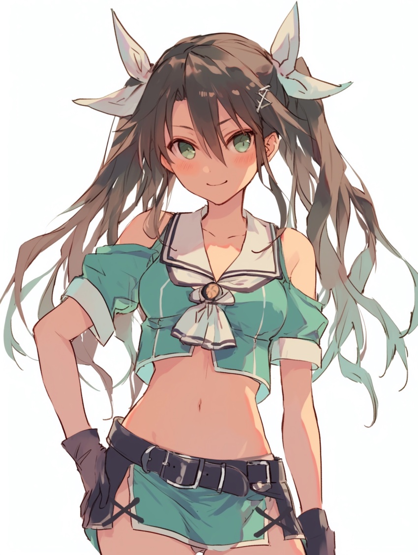 1girl character_request gloves highres looking_at_viewer midriff navel smile yuekuratsu