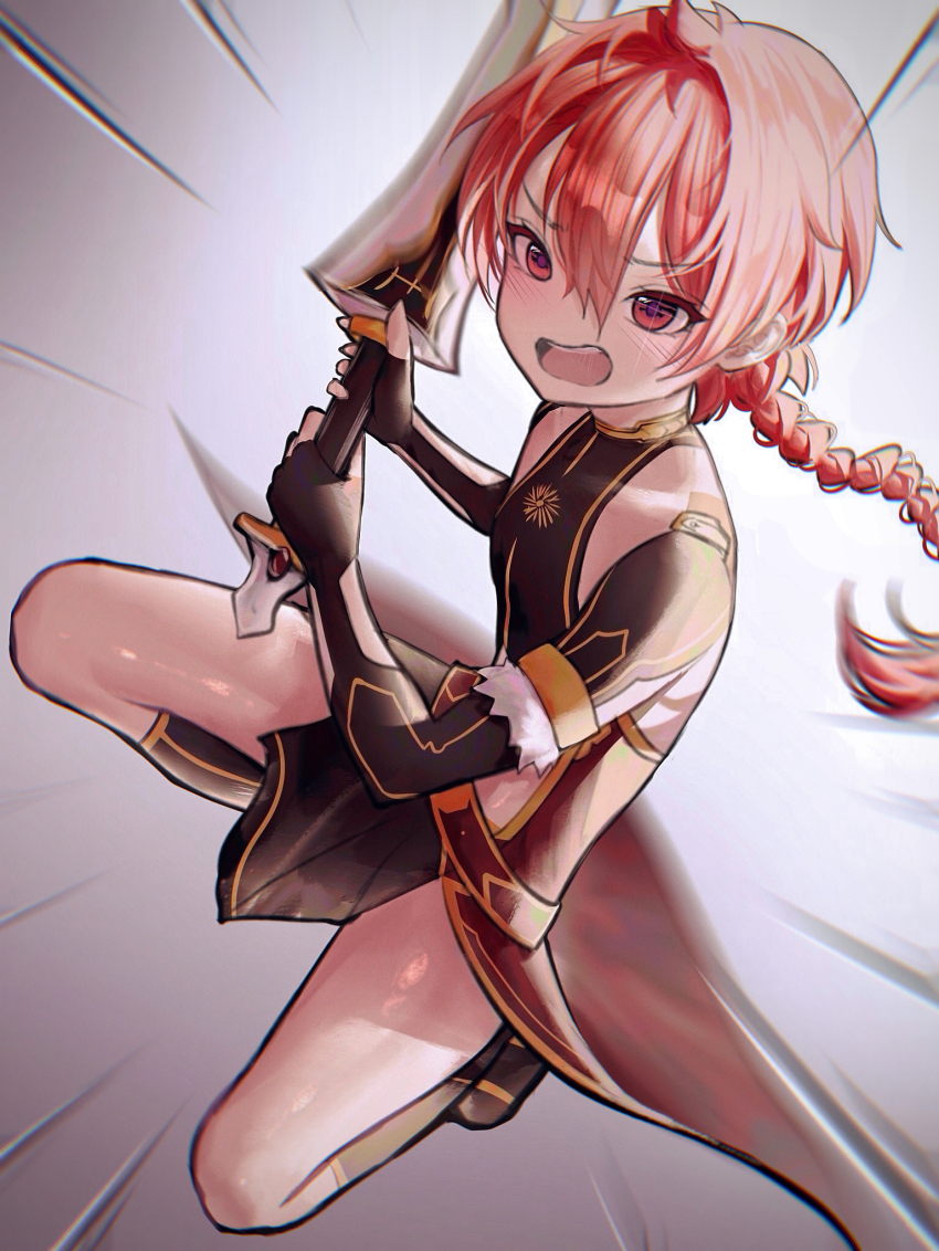 1boy alexander_(fate) azulasi black_boots black_gloves blush boots braid collar commentary commentary_request commission double-parted_bangs elbow_gloves english_commentary fate/grand_order fate_(series) fingerless_gloves full_body gloves gradient_background grey_background hair_between_eyes highres holding holding_sword holding_weapon knee_boots long_hair looking_at_viewer male_focus mixed-language_commentary open_mouth partial_commentary peanut_mouth pixiv_commission red_eyes red_hair single_braid swinging_weapon sword teeth thighs upper_teeth_only weapon white_background
