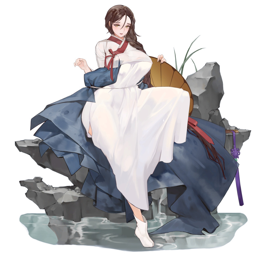 1girl blush braid breasts brown_eyes brown_hair chinese_knot curvy faux_figurine full_body game_cg hair_between_eyes hanbok highres keumran_(last_origin) knee_up korean_clothes large_breasts last_origin leg_up long_hair looking_at_viewer official_alternate_costume official_art open_mouth reflection reflective_water rock rorobomb single_braid sitting solo sword thighs transparent_background very_long_hair water weapon wet wet_clothes wet_hair white_footwear wide_hips