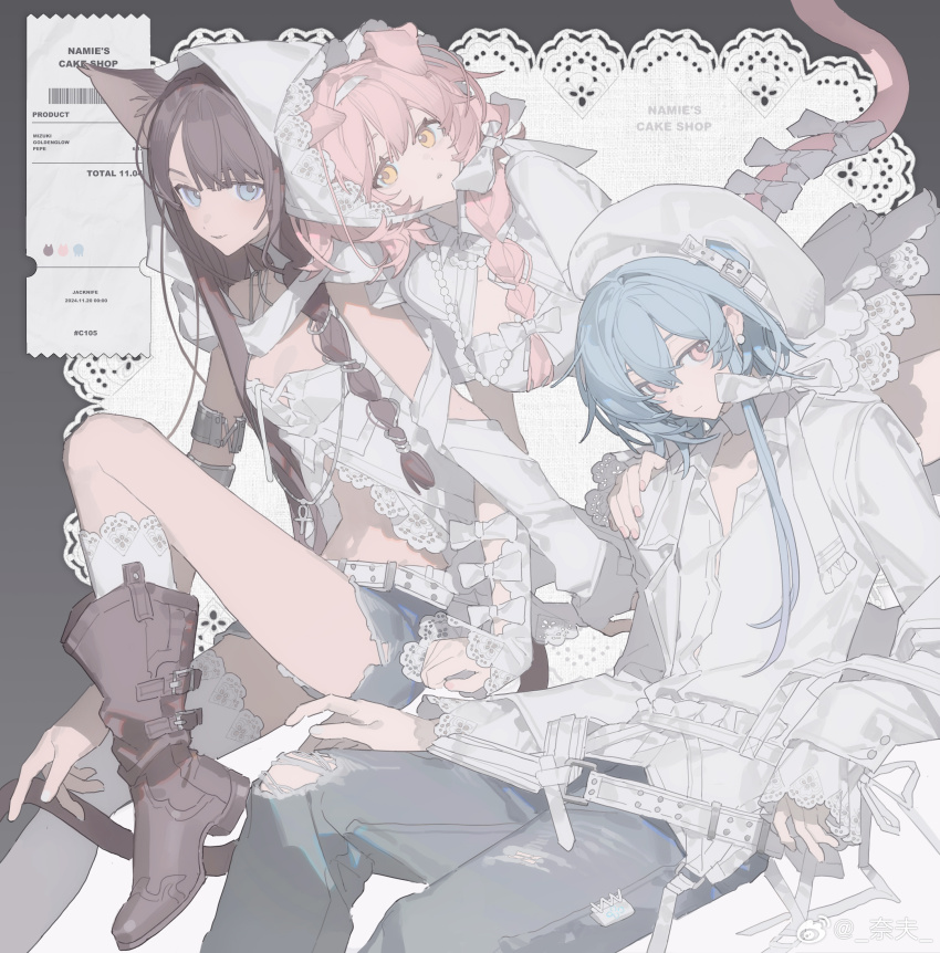 1boy 2girls absurdres animal_ears arknights belt beret blue_eyes blue_hair blue_pants bonnet boots border bow braid breasts brown_footwear brown_hair cat_ears cat_girl cat_tail cleavage_cutout clothing_cutout collared_shirt commentary crop_top cutoffs denim denim_shorts detached_sleeves doily dress dress_shirt english_commentary goldenglow_(arknights) grey_border hair_bow hair_over_shoulder hand_on_another&#039;s_shoulder hat highres hood hood_up jacknife jeans knee_up lace lace-trimmed_shirt lace-trimmed_socks lace_trim long_sleeves medium_breasts mizuki_(arknights) multiple_girls pants pepe_(arknights) pink_eyes pink_hair receipt shirt shorts single_braid sitting sleeveless sleeveless_dress small_breasts socks string_of_pearls tail tail_bow tail_ornament torn_clothes torn_jeans torn_pants torn_shorts watermark weibo_watermark white_background white_belt white_bow white_dress white_hat white_shirt white_socks yellow_eyes