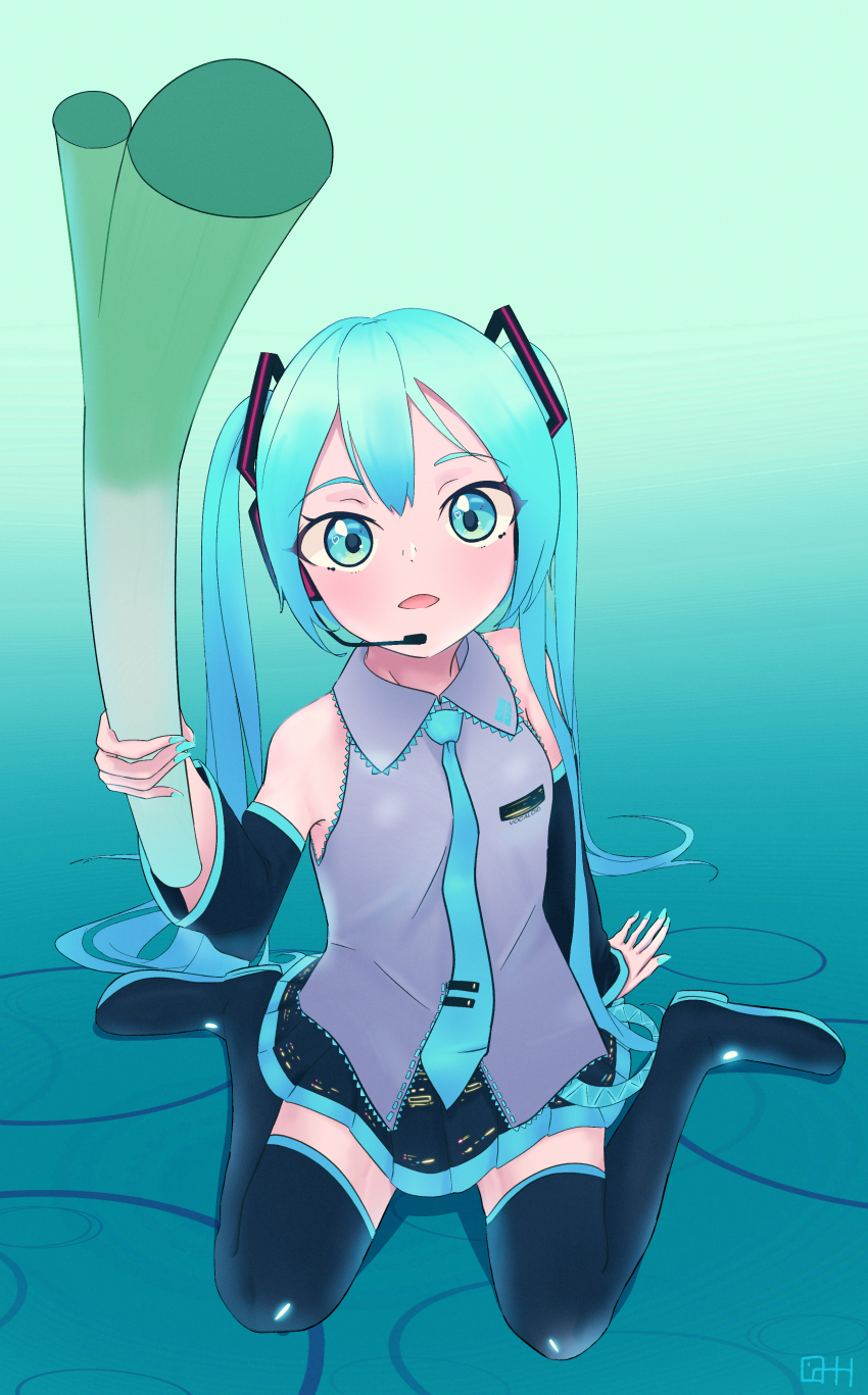 1girl :o absurdly_long_hair absurdres anniversary aqua_eyes aqua_hair aqua_neckwear artist_name artist_request bare_shoulders black_boots black_skirt blue_eyes blue_hair blue_nails blue_neckwear boots breasts c2h4 collared_shirt female_focus food full_body grey_shirt hatsune_miku headphones headset highres holding holding_food holding_spring_onion holding_vegetable ievan_polkka_(vocaloid) long_hair nail_(hardware) nail_polish parted_lips shirt skirt small_breasts smile solo spring_onion twintails vegetable very_long_hair vocaloid
