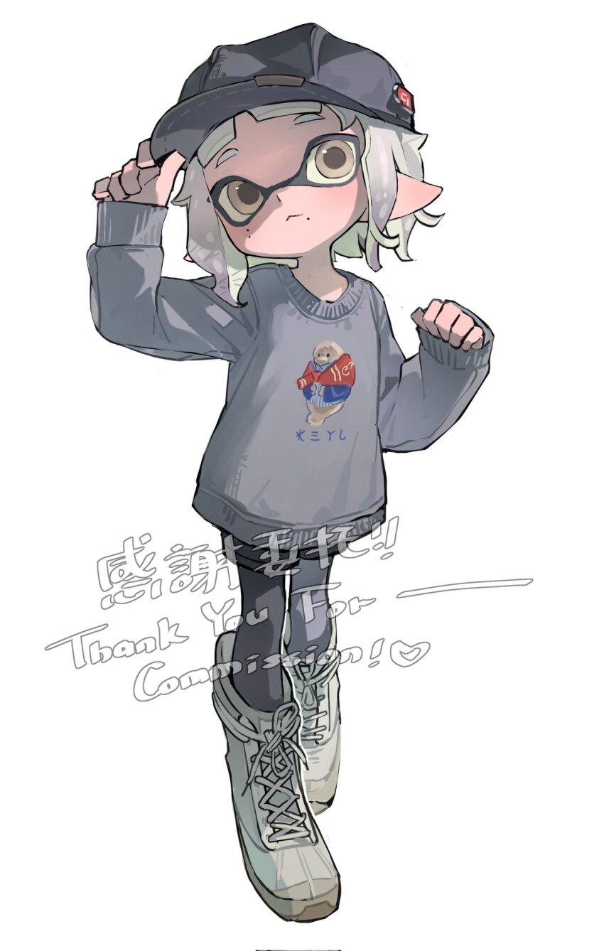 1girl :&lt; black_pantyhose black_shorts blue_hat boots brown_eyes closed_mouth commission full_body gradient_hair grey_sweater hand_on_headwear hat highres inkling inkling_girl inkling_player_character long_sleeves mole mole_under_mouth multicolored_hair newsboy_cap nintendo p-pepper pantyhose pantyhose_under_shorts pointy_ears purple_hair short_hair shorts sleeves_past_wrists solo splatoon_(series) standing sweater tentacle_hair thank_you two-tone_hair white_background white_boots white_hair