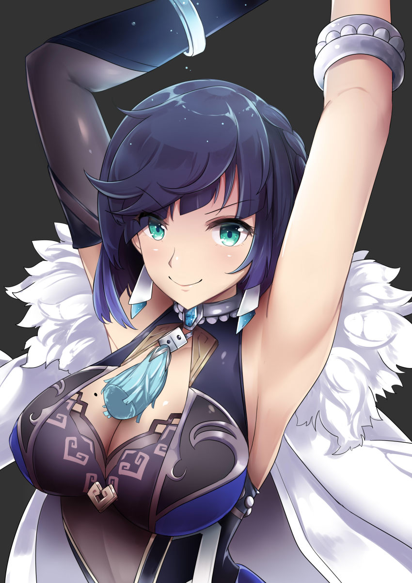1girl absurdres armpits arms_up black_gloves blue_dress blue_hair breasts cleavage diagonal_bangs dice dress earrings elbow_gloves feather-trimmed_jacket fur_trim genshin_impact gloves green_eyes highres jacket jewelry large_breasts looking_at_viewer mole mole_on_breast multicolored_hair neck_tassel revision short_hair single_elbow_glove sleeveless sleeveless_dress smile solo sudhiro_sappurisa tassel two-tone_hair upper_body white_jacket yelan_(genshin_impact)