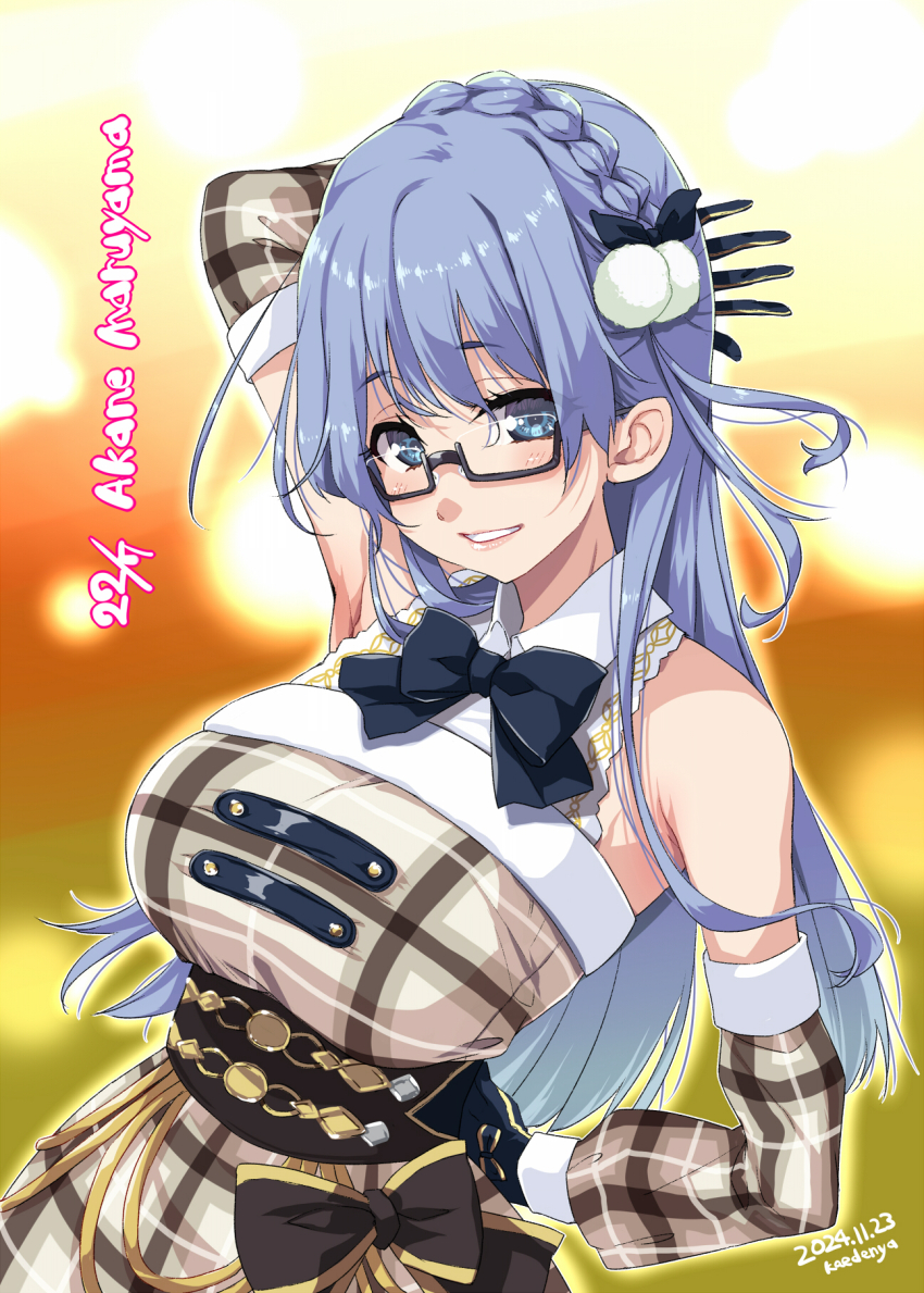 1girl 22/7 arm_behind_head artist_name black-framed_eyewear black_bow black_bowtie black_gloves blue_eyes blue_hair bow bowtie braid character_name cowboy_shot dated detached_sleeves dress gloves group_name hair_bow hair_ornament hand_on_own_hip highres idol_clothes kisairo_kaede light_blue_hair long_hair looking_at_viewer maruyama_akane multicolored_dress parted_lips pom_pom_(clothes) pom_pom_hair_ornament rectangular_eyewear semi-rimless_eyewear single_braid smile solo standing under-rim_eyewear