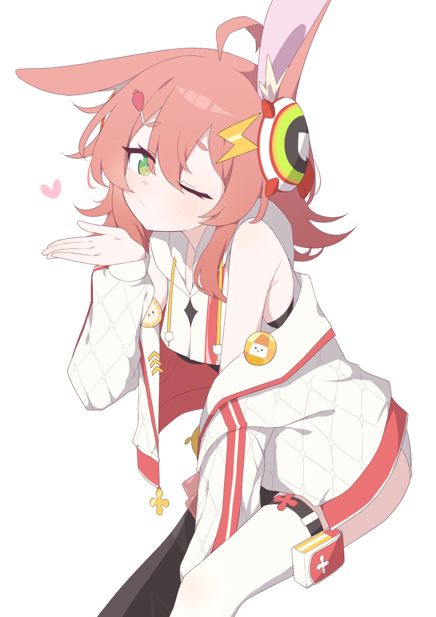 1girl absurdres animal_ears bare_shoulders black_thighhighs green_eyes hagoonha highres looking_at_viewer maimai_(game) pink_hair rabbit_ears ras_(maimai) solo thighhighs thighs two-tone_thighhighs white_thighhighs