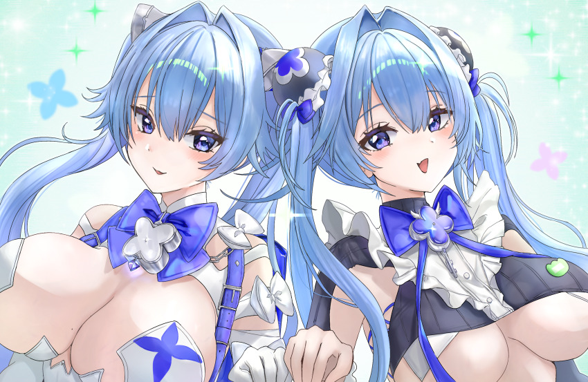 2girls blue_bow blue_eyes blue_hair bow breasts fang goddess_of_victory:_nikke gretel_(nikke) hansel_(nikke) highres large_breasts light_blue_hair looking_at_viewer multiple_girls old_tales_(nikke) open_mouth shiny_eyes siblings skin_fang smile sunameri_(pixiv3564245) twins twintails