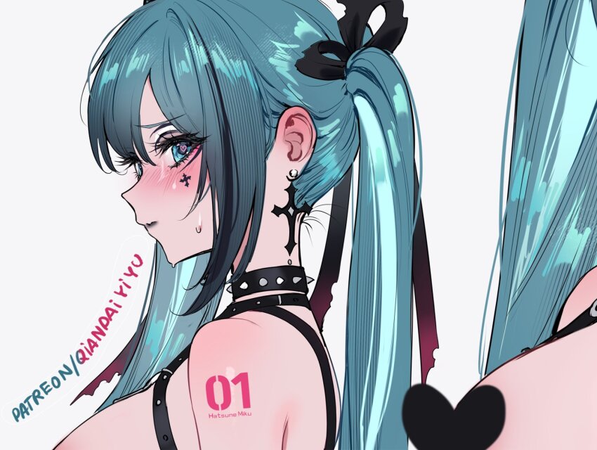 1girl aqua_hair black_ribbon blush breasts censored character_name choker cropped cross cross_earrings earrings hair_ribbon hatsune_miku heart heart-shaped_pupils heart_censor jewelry large_breasts long_hair multiple_views paid_reward_available patreon_username qiandaiyiyu ribbon spiked_choker spikes sweat symbol-shaped_pupils upper_body vocaloid