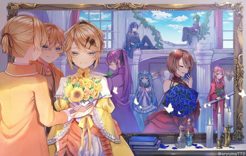 3boys 5girls absurdres aku_no_meshitsukai_(vocaloid) aku_no_musume_(vocaloid) akujiki_musume_conchita_(vocaloid) akutoku_no_judgement_(vocaloid) allen_avadonia aqua_eyes aqua_flower aqua_rose arm_warmers aryuma772 ascot back balcony banica_conchita bare_shoulders black_flower black_footwear black_pants black_robe black_rose blue_ascot blue_dress blue_eyes blue_flower blue_hair blue_rose blue_sky book boots bouquet bow broken_pillar broken_wall brooch brother_and_sister brown_hair brown_ribbon bug butterfly candle chandelier choker closed_eyes clothing_cutout cloud collared_jacket collared_shirt colored_eyelashes cropped_jacket curtains detached_sleeves dress dress_flower dress_ribbon earrings enbizaka_no_shitateya_(vocaloid) evillious_nendaiki father_and_daughter flask flower frilled_sleeves frills gallerian_marlon gem glowing_butterfly green_eyes green_gemstone green_hair green_sash grey_arm_warmers grey_jacket grey_skirt grey_sleeves gumi hair_between_eyes hair_bow hair_flower hair_ornament hairclip hatsune_miku high_ponytail highres holding holding_bouquet hydrangea insect jacket japanese_clothes jewelry judge kagamine_len kagamine_rin kaito_(vocaloid) kamui_gakupo kanzashi kimono long_hair long_skirt looking_at_mirror margarita_blankenheim medium_hair megurine_luka meiko_(vocaloid) midriff mirror multiple_boys multiple_girls nemesis_no_juukou_(vocaloid) nemesis_sudou nemurase_hime_kara_no_okurimono_(vocaloid) obi off-shoulder_dress off_shoulder orange_jacket orange_ribbon overgrown pansy pants petticoat pink_hair poison ponytail purple_eyes purple_flower purple_jacket red_curtains red_dress red_flower red_gemstone red_kimono red_rose reflection ribbon riliane_lucifen_d&#039;autriche robe rose sash sateriasis_venomania shirt shoes short_hair short_ponytail shoulder_cutout siblings sickle sidelocks sitting skirt skirt_cutout sky smile songover sudou_kayo sunflower swept_bangs symbolism torn_curtains twins twintails twitter_username updo venomania_kou_no_kyouki_(vocaloid) very_long_hair violet_(flower) vocaloid weapon_on_wall white_ascot white_flower white_rose wide_sleeves window yellow_bow yellow_choker yellow_dress yellow_flower yellow_rose