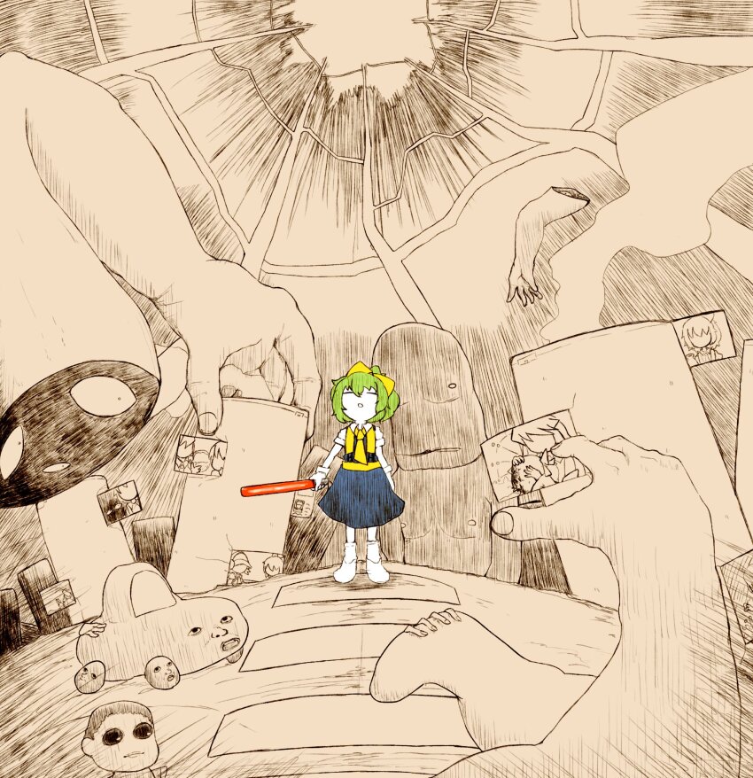 1girl :o anoponp ascot blue_dress boots bow car closed_eyes collared_shirt colored_skin commentary cookie_(touhou) daiyousei diyusi_(cookie) dress full_body gloves green_hair hair_bow hakurei_reimu high-visibility_clothing high-visibility_vest highres manatsu_no_yo_no_inmu miura_daisenpai miura_meat motor_vehicle noel_(cookie) off_(game) offside:_diyusi open_mouth pinafore_dress shirt short_hair sleeveless sleeveless_dress solo standing surreal touhou traffic_baton white_boots white_gloves white_shirt white_skin yajuu_senpai yellow_ascot yellow_bow