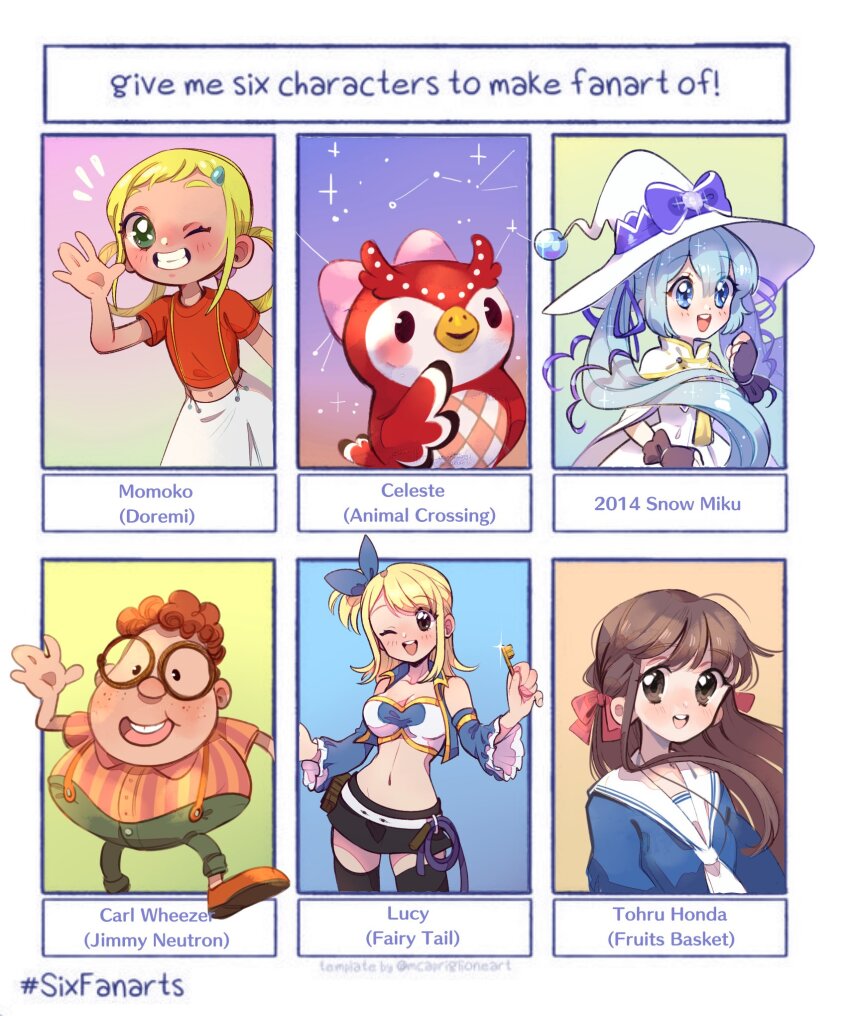 1boy 5girls animal_crossing asuka_momoko blonde_hair breasts brown_eyes carl_wheezer celeste_(animal_crossing) cleavage crossover fairy_tail fruits_basket hatsune_miku highres honda_tohru jimmy_neutron_(series) large_breasts long_hair looking_at_viewer lucy_heartfilia multiple_drawing_challenge multiple_girls nintendo ojamajo_doremi open_mouth owl_girl six_fanarts_challenge smile solo suki!_yuki!_maji_magic_(vocaloid) umino-mari vocaloid yuki_miku yuki_miku_(2014)