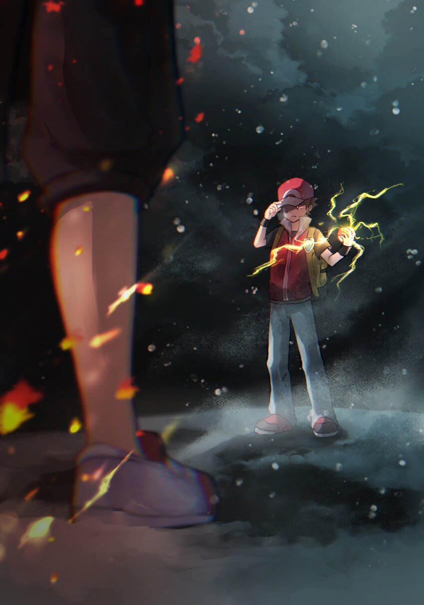 2boys absurdres backpack bag blurry capri_pants chromatic_aberration closed_mouth commentary_request ethan_(pokemon) fire hand_on_headwear hat highres holding holding_poke_ball male_focus mt._silver multiple_boys nintendo outdoors pants poke_ball pokemon pokemon_hgss red_(pokemon) red_hat red_vest shirt shiruko_(s1ruko) shoes short_sleeves snowing t-shirt vest vs_seeker wristband yellow_bag