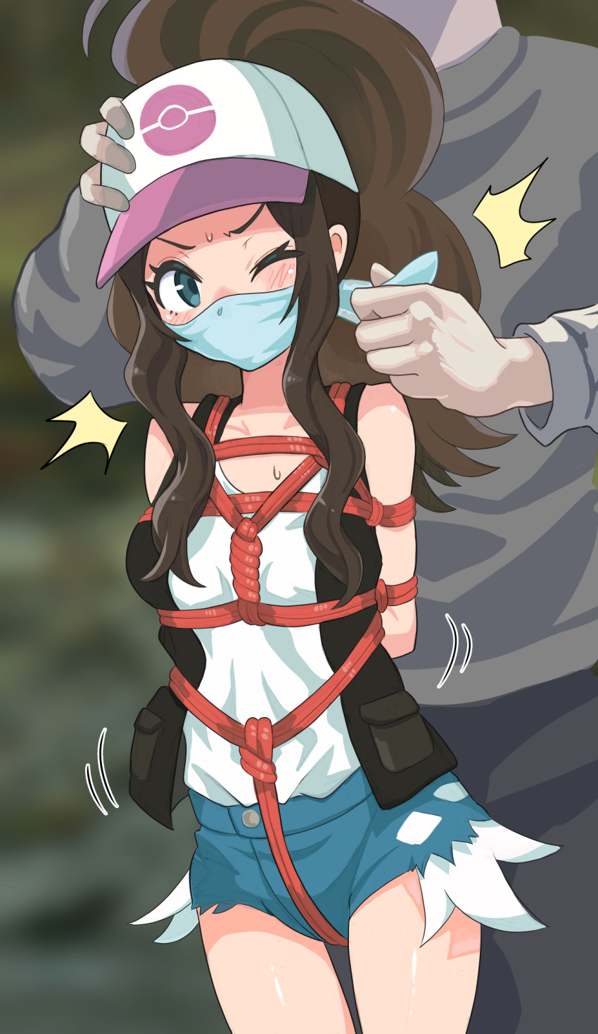 1boy 1girl ^^^ bdsm black_vest blue_eyes blurry blurry_background blush bondage bound brown_hair commentary_request creatures_(company) exposed_pocket eyelashes gag game_freak hat highres hilda_(pokemon) long_hair nintendo one_eye_closed open_clothes open_vest pokemon pokemon_bw raftetram shibari shirt short_shorts shorts sidelocks sleeveless sleeveless_shirt sweat vest white_hat white_shirt