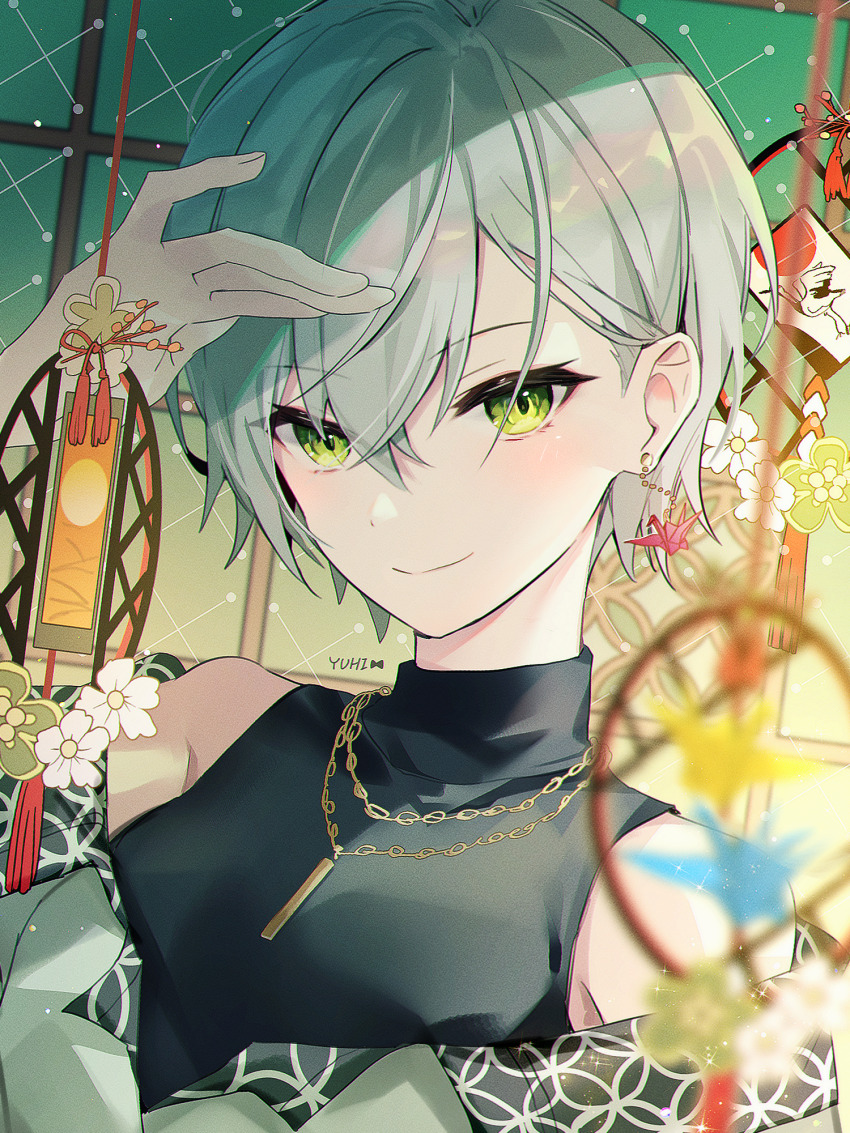 1girl artist_name bird black_shirt breasts chain chain_necklace circle closed_mouth crane_(animal) crossed_bangs earrings flower fusuma gold_necklace green_eyes grey_hair grey_jacket hair_behind_ear hand_over_face highres hinomori_shiho jacket jewelry kawaranu_atatakasa_no_tonari_de_(project_sekai) looking_at_viewer necklace off_shoulder official_alternate_costume official_alternate_hairstyle origami paper_crane pixie_cut project_sekai red_sun shirt short_hair single_earring single_sidelock sleeveless sleeveless_turtleneck sliding_doors small_breasts smile solo turtleneck upper_body white_flower yuhi_(hssh_6)