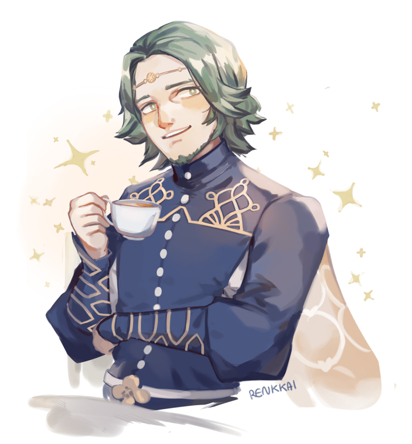 1boy arm_across_waist artist_name beard cape circlet cup facial_hair fire_emblem fire_emblem:_three_houses gold_trim green_eyes green_facial_hair green_hair highres holding holding_cup long_sleeves male_focus nintendo open_mouth renkkai seteth_(fire_emblem) short_hair simple_background solo tea uniform upper_body white_background