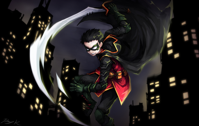 1boy artist_name batman_(series) belt_pouch black_cape black_hair black_pants boots cape city commentary_request damian_wayne dc_comics frown gloves green_boots green_gloves green_hair knee_boots male_focus mask night outdoors pants pouch ray-k robin_(dc) signature solo sword teeth weapon