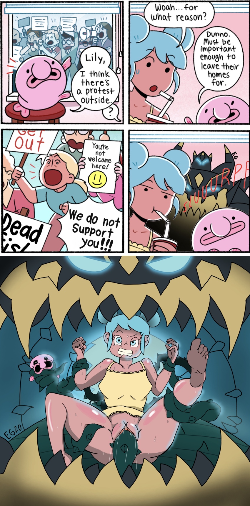 1girl absurdres arm_grab blobby blobby_and_friends blobby_the_blobfish creatures_(company) female game_freak gen_7_pokemon guzzlord highres lily_(blobby_and_friends) mob_face nintendo pokemon pokemon_(creature) rape sex spiked_penis spiked_tentacles spinozilla ultra_beast vaginal