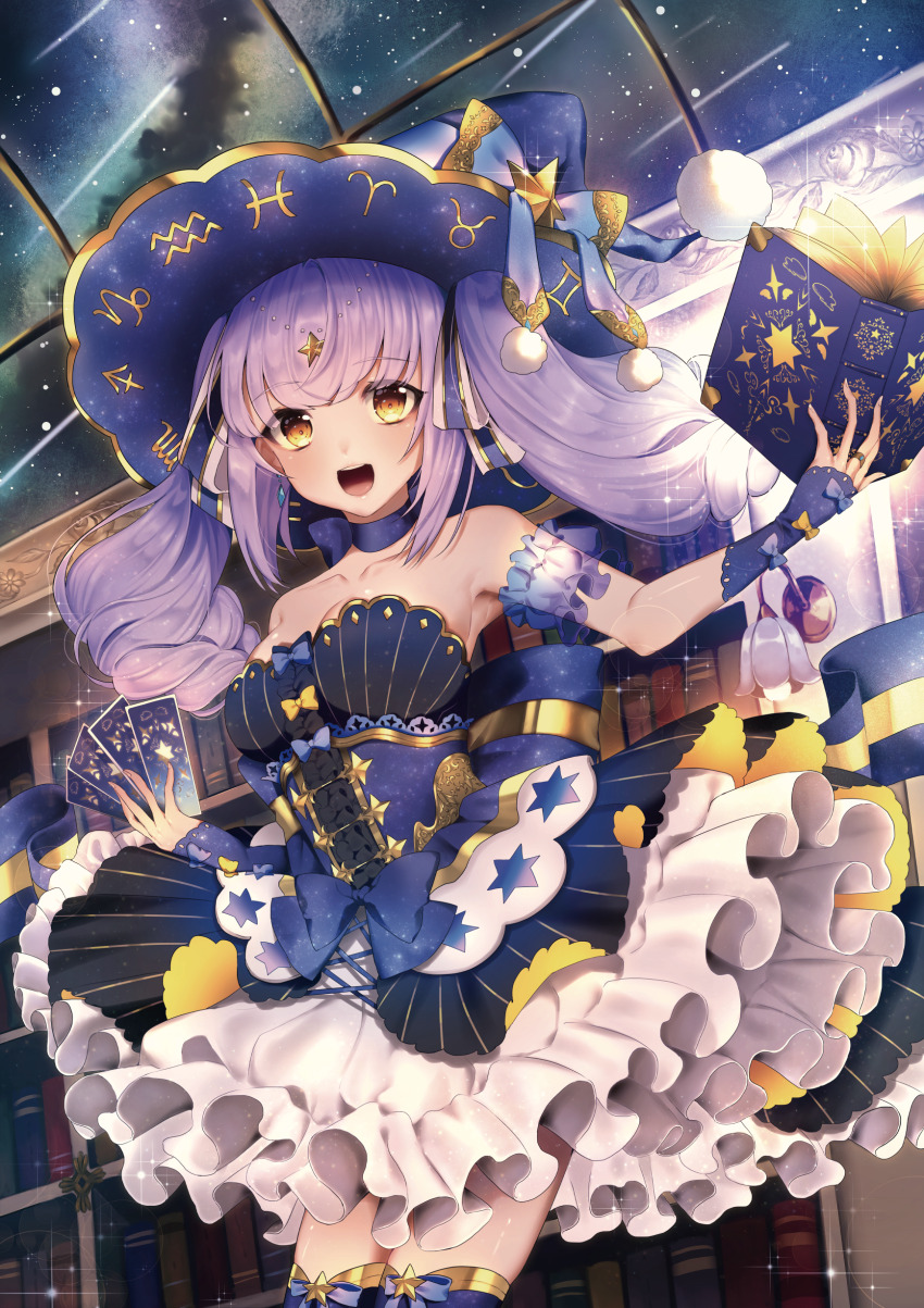 1girl :d absurdres aquarius_(symbol) aries_(symbol) blue_bow blue_dress blue_thighhighs book bookshelf bow breasts capricorn_(symbol) choker cleavage collarbone corset detached_sleeves dress frilled_dress frilled_sleeves frills hat hat_bow highres holding holding_book layered_dress lushuao magical_girl medium_breasts open_mouth original pisces_(symbol) pom_pom_(clothes) purple_choker purple_hair sagittarius_(symbol) scorpio_(symbol) smile solo starry_sky_print taurus_(symbol) teeth thighhighs tongue underbust upper_teeth_only witch yellow_bow yellow_eyes