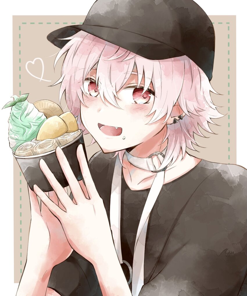 1boy baseball_cap black_hat black_shirt border brown_background choker dumpling earrings fang food hari_nyan_nyan hat heart highres holding holding_food jewelry looking_at_viewer male_focus multiple_earrings open_mouth paradox_live pink_hair red_eyes rokuta_(paradox_live) shirt short_hair short_sleeves smile solo white_border white_choker