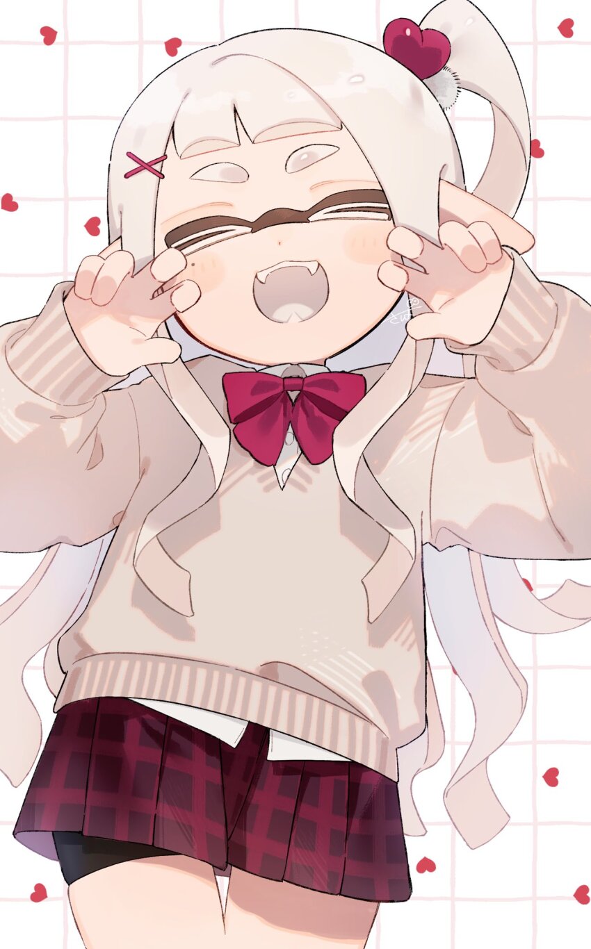 &gt;_&lt; 1girl black_shorts bow bowtie closed_eyes collared_shirt commentary_request cowboy_shot facing_viewer fangs grid_background hair_ornament hands_up heart heart_hair_ornament highres inkling inkling_girl inkling_player_character long_hair long_sleeves mole mole_under_eye nintendo one_side_up open_mouth plaid_clothes plaid_skirt pleated_skirt pointy_ears pom_pom_(clothes) pom_pom_hair_ornament red_bow red_bowtie red_skirt sabata_saba shirt shorts shorts_under_skirt skindentation skirt smile solo splatoon_(series) sweater tentacle_hair white_background white_hair white_shirt white_tongue x_hair_ornament yellow_sweater