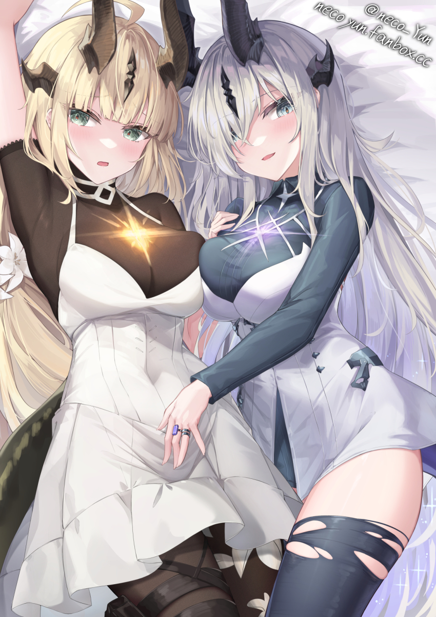 2girls aqua_eyes arknights black_horns black_pantyhose black_shirt black_thighhighs blonde_hair breast_press breasts brown_horns commentary_request dragon_girl dragon_horns dragon_tail dress flower green_eyes hair_flower hair_ornament hair_over_one_eye highres horns jewelry large_breasts long_hair long_sleeves looking_at_viewer multiple_girls multiple_horns necrass_(arknights) paid_reward_available pantyhose parted_lips reed_(arknights) reed_the_flame_shadow_(arknights) ring shirt short_sleeves siblings sidelocks sisters symmetrical_docking tail thighhighs torn_clothes torn_thighhighs white_dress white_flower white_hair yeosi