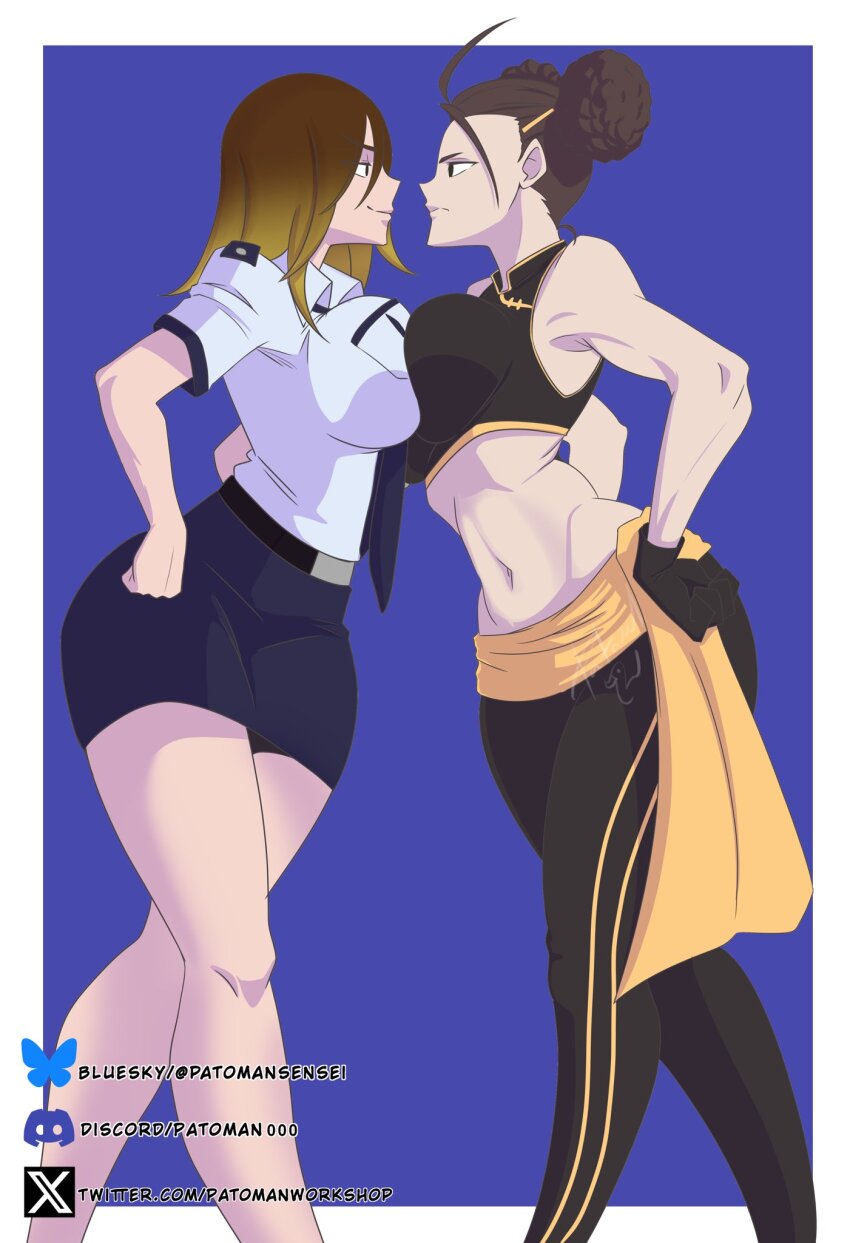 brown_eyes brown_hair date_makiko digimon digimon_story:_cyber_sleuth fei_wong_tomoe_ignacio hair_bun highres jacket medium_hair necktie patoman000 police police_uniform policewoman short_hair
