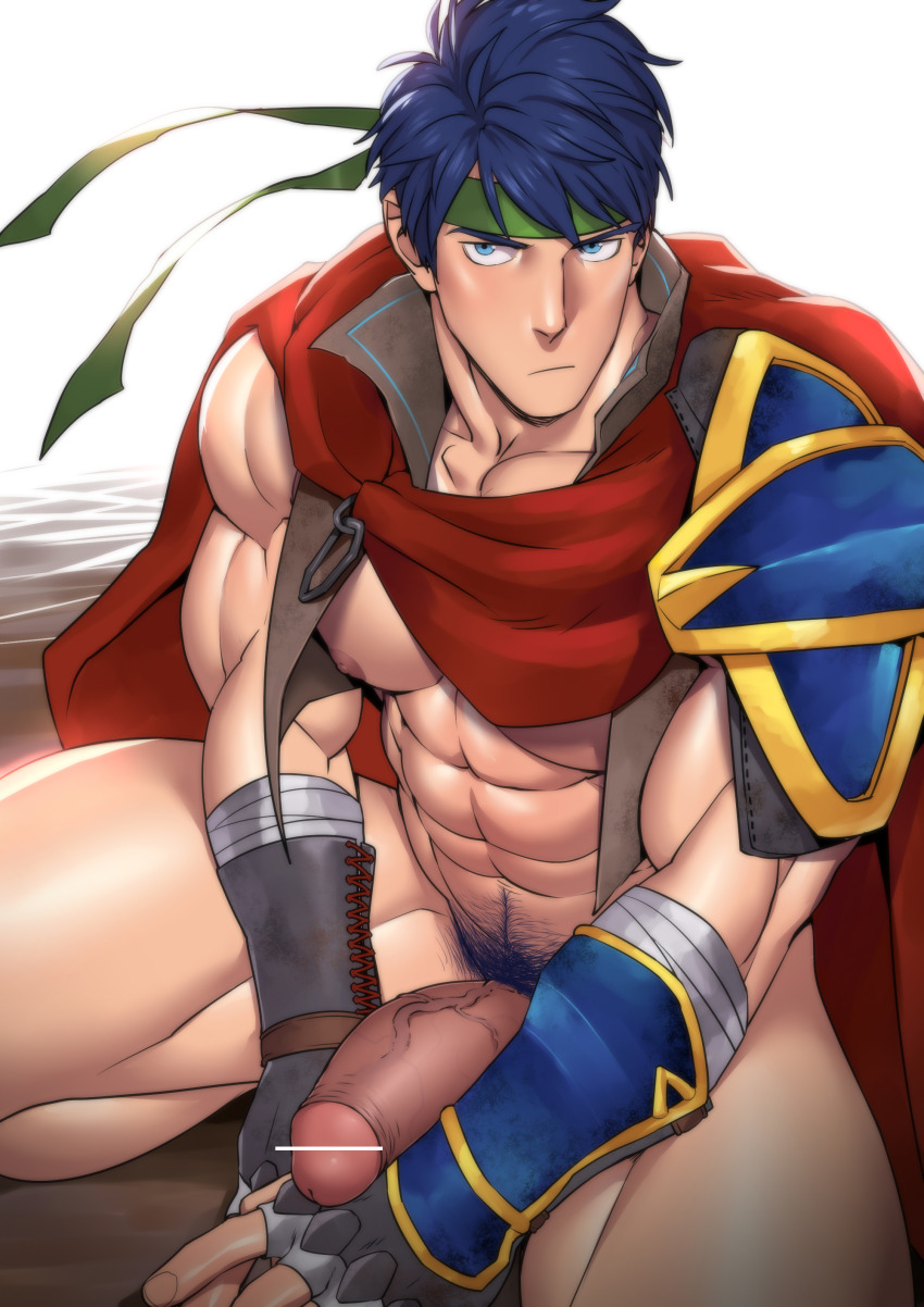 1boy abs absurdres armor bara bare_pectorals blue_eyes blue_hair cape censored fire_emblem fire_emblem:_radiant_dawn foreskin_pull green_headband headband highres ike_(fire_emblem) male_focus male_pubic_hair muscular muscular_male nintendo nipples pauldrons pectorals penis pointless_censoring pubic_hair red_cape short_hair shoulder_armor single_pauldron solo suyohara variant_set veins