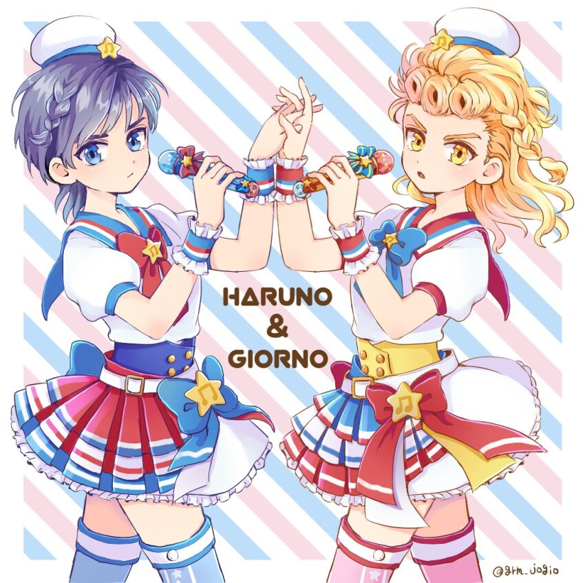 2boys aged_down black_hair blonde_hair blue_eyes character_name closed_mouth commentary_request crossdressing crossdressing_(mtf) dual_persona frilled_skirt frills giorno_giovanna grm_jogio hand_up haruno_shiobana hat holding holding_hands holding_microphone jojo_no_kimyou_na_bouken long_hair looking_at_viewer male_focus microphone multicolored_skirt multiple_boys sailor_collar short_hair short_sleeves skirt thighhighs vento_aureo yellow_eyes