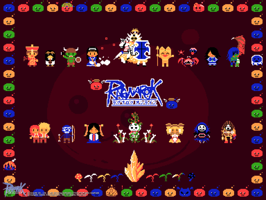 ! 2others 4boys 6+girls :3 ^_^ alarm_(ragnarok_online) alice_(ragnarok_online) alicel archer_skeleton backwards_hat baseball_cap bird black_hair blonde_hair blue_hair broom broom_riding brown_pants chibi chibi_only clock closed_eyes closed_mouth colored_skin copyright_notice crab crab_(ragnarok_online) deviling dress drill_hair drops_(ragnarok_online) emperium entweihen_crothen fake_horns fox_hat full_body galapago_(ragnarok_online) galapagos_penguin gemini_s58 ghostring green_skin guest_art hair_ornament hair_over_one_eye hair_stick hat highres holding holding_polearm holding_shield holding_weapon horned_headwear horns horse horseback_riding jejeling jiangshi lance lobnor long_hair looking_at_viewer lord_of_death magmaring maid maid_headdress marin_(ragnarok_online) metaling monster_boy moonlight_flower multiple_boys multiple_girls multiple_others munak mushroom mutant_dragonoid official_art official_wallpaper open_mouth orc orc_warrior_(ragnarok_online) pants penguin piamette pink_hair pixel_art plant polearm poporing poring qingdai_guanmao ragnarok_online red_dress red_hat riding shellfish_(ragnarok_online) shield single_wing skeleton slime_(creature) smile sohee standing stapo twin_drills undead vines weapon wings wraith_(ragnarok_online)