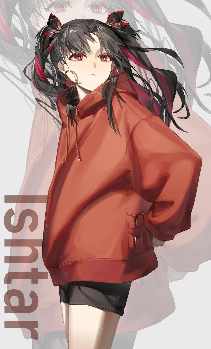 1girl absurdres alternate_costume black_hair character_name drawstring earrings fate/grand_order fate_(series) feijiu highres hood hood_down hoodie hoop_earrings ishtar_(fate) jewelry long_hair multicolored_hair red_eyes red_hair red_hoodie ribbon shorts solo space_ishtar_(fate) space_ishtar_(second_ascension)_(fate) two-tone_hair two_side_up