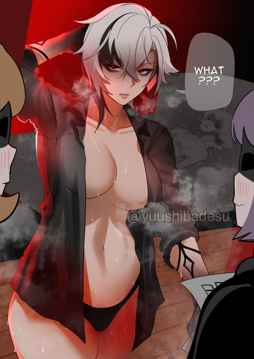 1boy 1girl 2others absurdres aether_(genshin_impact) aftersex annoyed arlecchino_(genshin_impact) arm_behind_head black_eyes black_hair black_hands black_panties black_shirt breasts collarbone collared_shirt colored_extremities commentary cowboy_shot emaciated english_commentary english_text genshin_impact guy_tired_after_sex_(meme) hetero highres large_breasts looking_at_viewer meme multicolored_hair multiple_others navel no_bra open_clothes open_shirt panties parted_lips red_pupils shirt short_hair solo_focus speech_bubble steaming_body streaked_hair sunken_cheeks sweat symbol-shaped_pupils twitter_username underwear white_hair wooden_floor x-shaped_pupils yuushiba