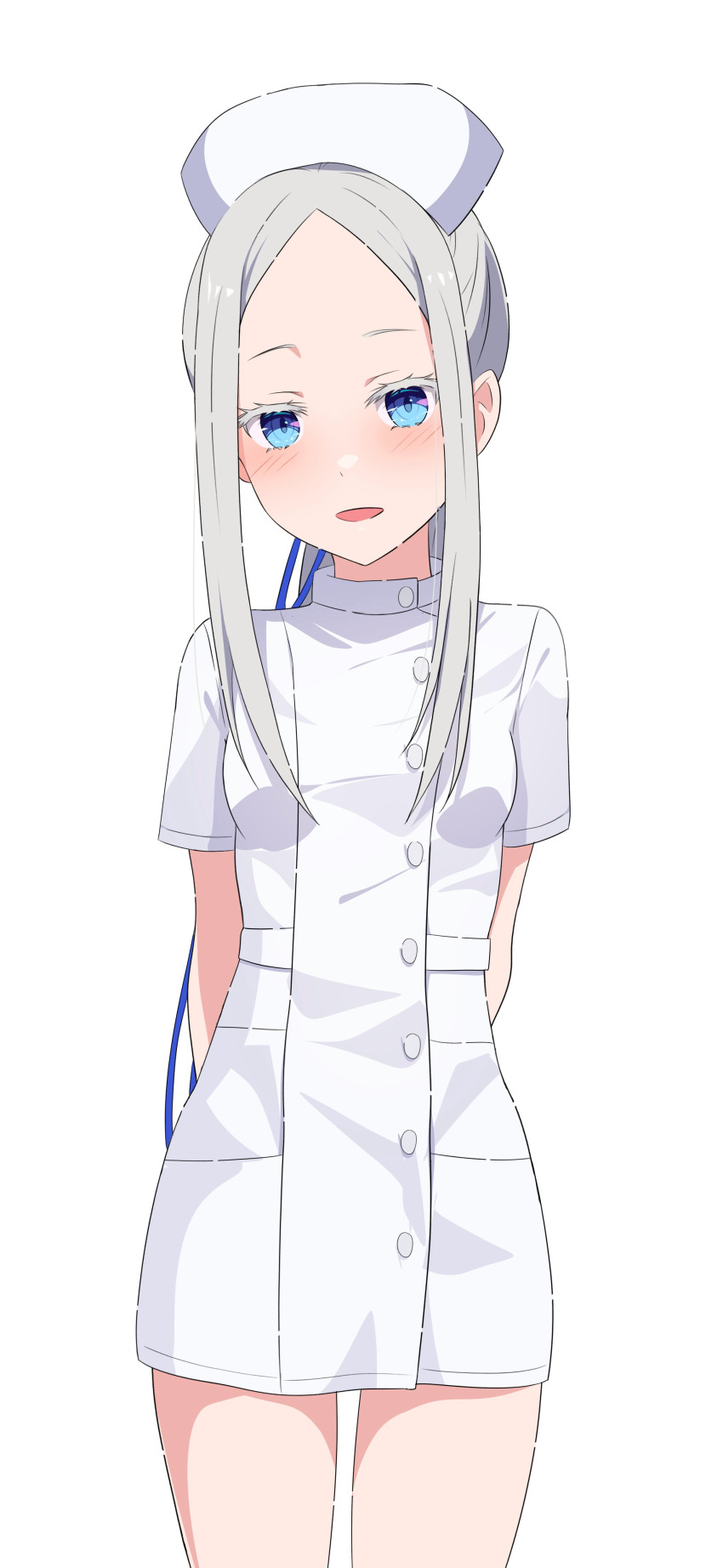 1girl :d absurdres arms_behind_back blue_eyes blue_ribbon blush buttons commentary_request dress hair_ribbon hat highres long_hair looking_at_viewer na-suke nurse nurse_cap open_mouth pandora_(re:zero) re:zero_kara_hajimeru_isekai_seikatsu ribbon short_sleeves simple_background smile solo thighs white_background white_dress white_hat