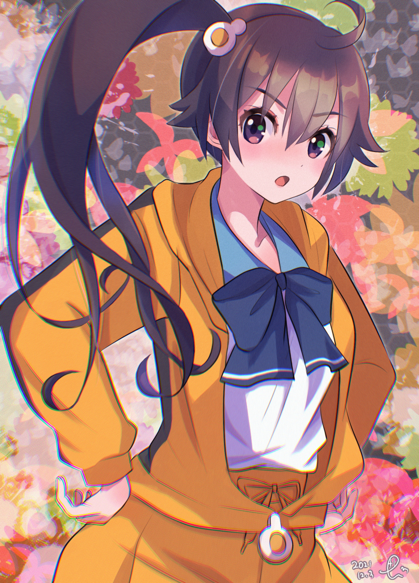 1girl :o absurdres ahoge anotherplus araragi_karen artist_name autumn_leaves black_bow black_bowtie black_hair blue_sailor_collar blush bow bowtie breasts brown_eyes chromatic_aberration cowboy_shot dated drawstring egg_hair_ornament film_grain food-themed_hair_ornament fried_egg hair_between_eyes hair_ornament hair_strand hands_on_own_hips highres hood hood_down jacket leaf leaf_background long_hair looking_at_viewer medium_breasts monogatari_(series) nose_blush open_clothes open_jacket open_mouth panties pants sailor_collar school_uniform serafuku shirt side_ponytail signature single_vertical_stripe solo standing track_pants track_suit tsuganoki_second_junior_high_school_uniform underwear v-shaped_eyebrows very_long_hair white_shirt yellow_jacket yellow_panties zipper_pull_tab