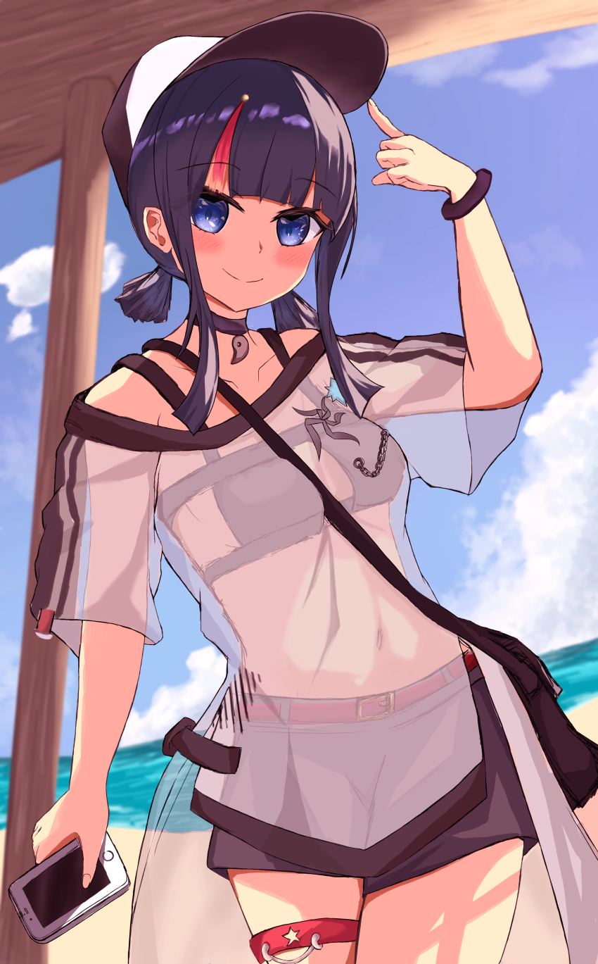1girl absurdres bare_shoulders baseball_cap beach bikini bikini_under_clothes black_bikini black_hair black_shorts blue_eyes blue_sky blush breasts cellphone choker collarbone fate/grand_order fate_(series) hat highres looking_at_viewer low_twintails medium_breasts medium_hair mitsuzuki_(ksvy3542) multicolored_hair off-shoulder_shirt off_shoulder phone pink_hair see-through_clothes shirt shore short_shorts short_sleeves short_twintails shorts sidelocks sky smile solo streaked_hair swimsuit thigh_strap thighs twintails utsumi_erice utsumi_erice_(swimsuit_avenger) utsumi_erice_(swimsuit_avenger)_(first_ascension) white_hat white_shirt