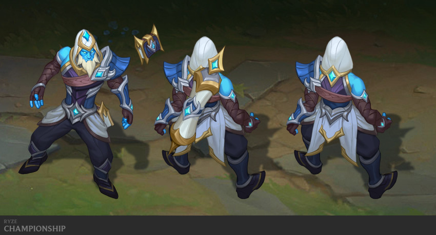 1boy beard black_footwear black_pants blonde_hair blue_skin book brown_gloves reference_sheet colored_skin commentary english_commentary facial_hair fingerless_gloves floating floating_object full_body gloves highres hood hood_up league_of_legends pants ryze scroll single_bare_shoulder standing vladbacescu white_eyes