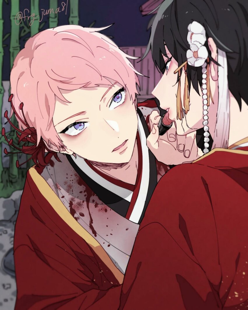 2boys applying_makeup asymmetrical_bangs bamboo black_hair ensemble_stars! eyeshadow eyeshadow_under_eye flower hair_flower hair_ornament highres itsuki_shu japanese_clothes juma_(wolf81gizinka) kagehira_mika kimono lipstick makeup multiple_boys open_mouth pink_hair pink_lips purple_eyes short_hair valkyrie_(ensemble_stars!) white_flower
