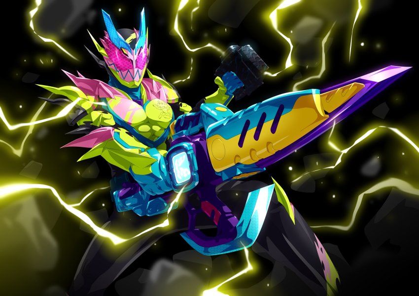 1boy adk-em armor bandai bandai_namco blue_gloves clenched_hand commentary_request dual_wielding electricity fighting_stance fusion gloves green_armor highres holding ishimori_prod kamen_rider kamen_rider_revi kamen_rider_revice kamen_rider_revice_(form) kamen_rider_vice lightning male_focus ohinbuster50 open_hand osutoderuhammer50 otokamu pink_armor red_eyes revice_driver revicelasher rolling_vistamp sharp_teeth spiked_armor spikes sword teeth toei_company tokusatsu tv_asahi weapon