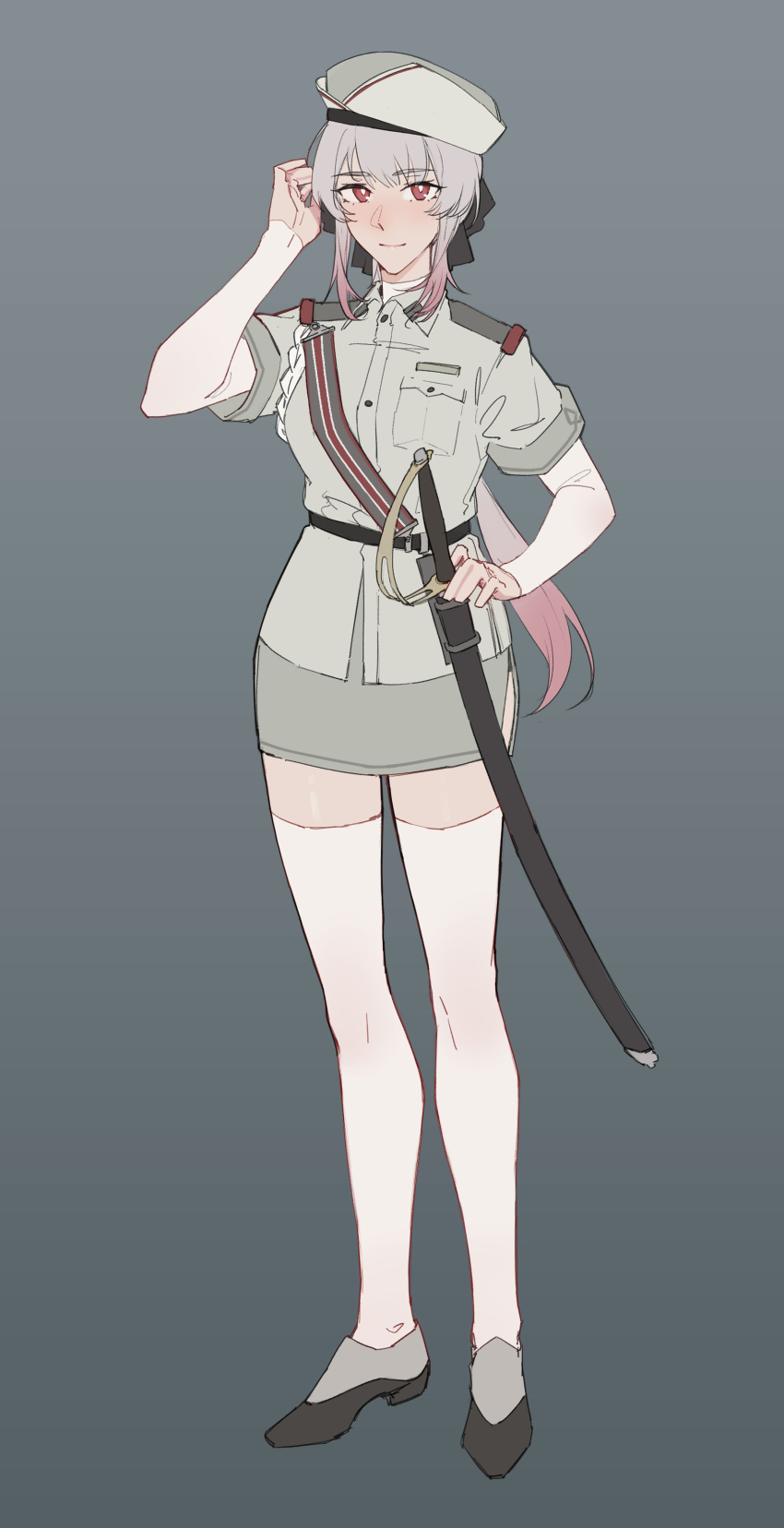 1girl absurdres belt black_bow black_footwear boots bow breasts cavalry_sword commentary dangodes english_commentary full_body grey_background grey_hair hair_bow hand_in_own_hair hat highres layered_sleeves light_smile long_hair long_sleeves looking_at_viewer medium_breasts military military_hat military_uniform multicolored_hair original peaked_cap pink_hair red_eyes sheath sheathed shirt shoes short_over_long_sleeves short_sleeves simple_background skirt smile solo standing streaked_hair sword thighhighs weapon zettai_ryouiki