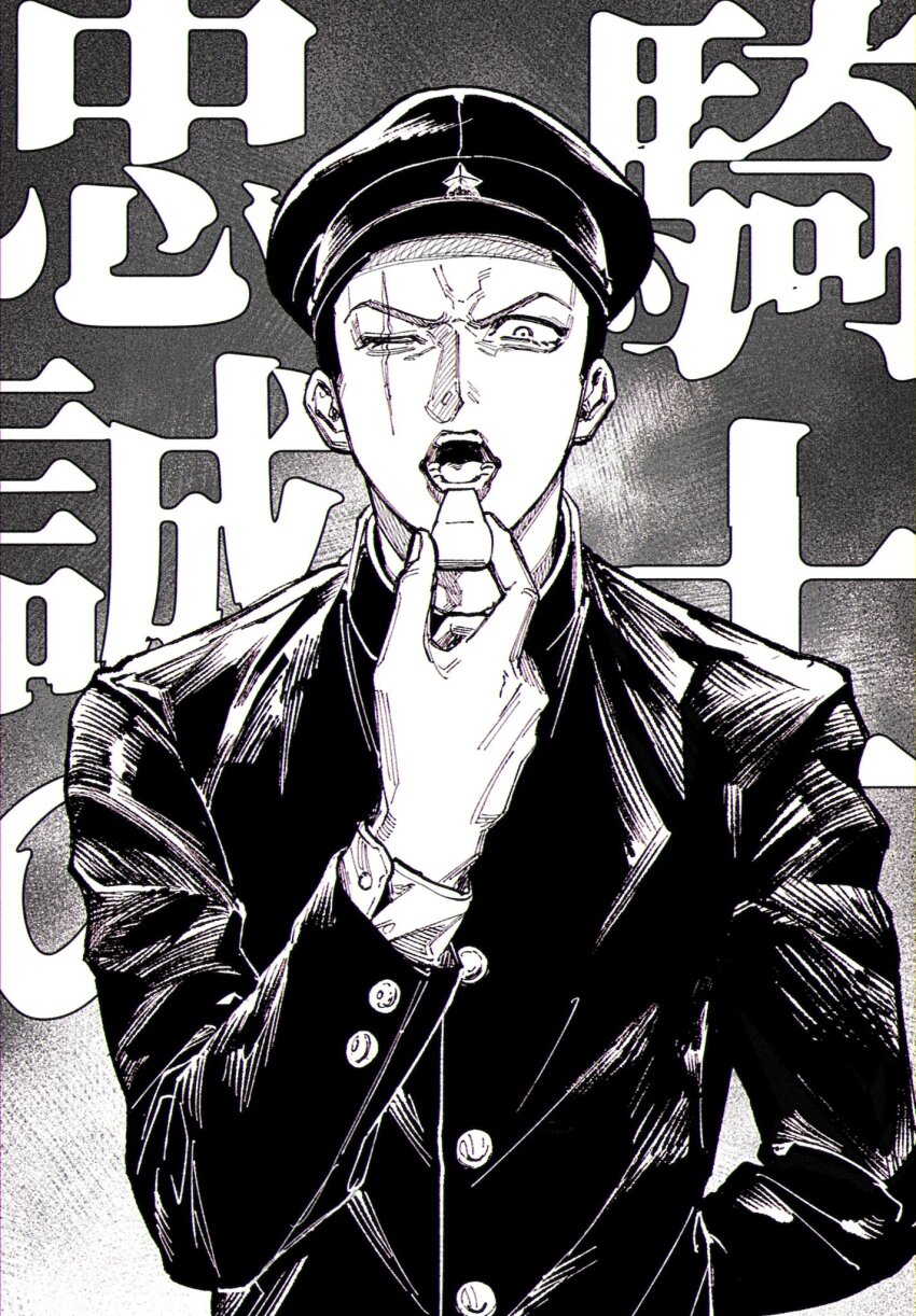 1boy arm_behind_back arm_up black_hair black_hat black_jacket buttoned_cuffs buttons collared_jacket commentary gakuran greyscale hat highres holding holding_whistle jacket layered_sleeves litchi_hikari_club long_sleeves looking_at_viewer male_focus monochrome niko_(litchi_hikari_club) ohji130 open_mouth scar scar_across_eye scar_on_face school_uniform shirt short_hair solo star_(symbol) straight-on teeth tongue translation_request very_short_hair whistle white_shirt