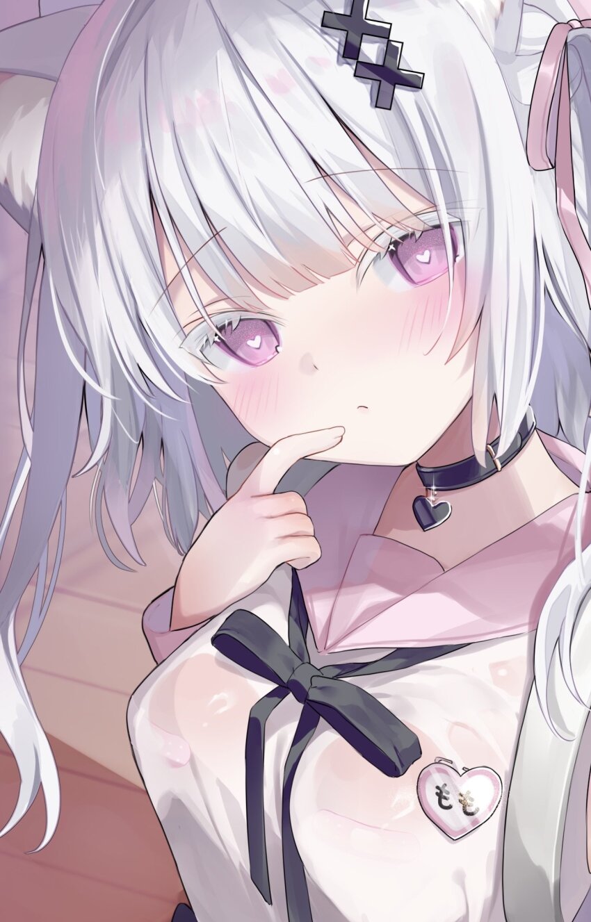 1girl ame_usari animal_ear_fluff animal_ears bandaid bandaids_on_nipples black_bow black_collar bow breasts closed_mouth collar colored_eyelashes commentary_request finger_to_mouth grey_hair hair_ornament hair_ribbon hand_up head_tilt heart heart-shaped_pupils highres indoors long_hair looking_at_viewer medium_breasts no_bra original pasties pink_ribbon pink_sailor_collar purple_eyes ribbon sailor_collar school_uniform see-through_clothes see-through_shirt serafuku shirt solo symbol-shaped_pupils upper_body wet wet_clothes wet_shirt white_shirt wooden_floor x_hair_ornament